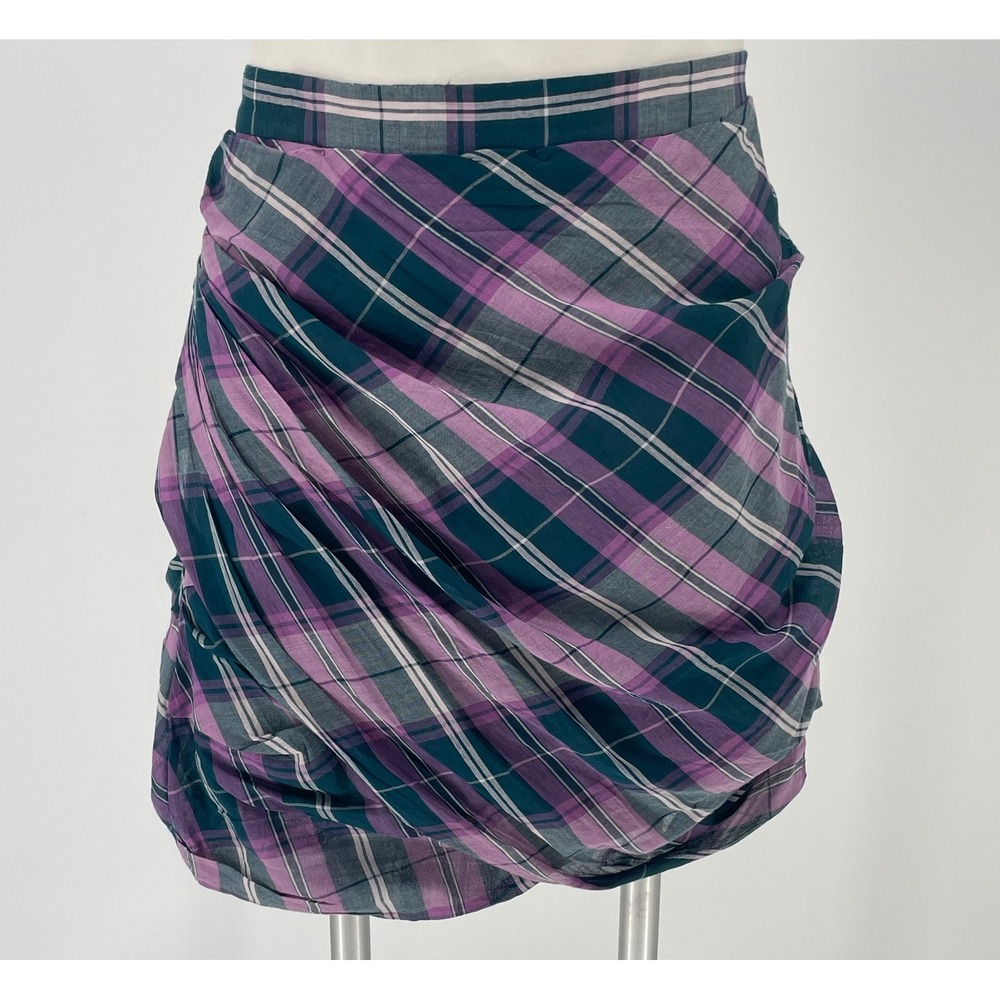 Isabel Marant Etoile Birdy Petrol Check Draped Mini Skirt FR 40 22 Purple Green